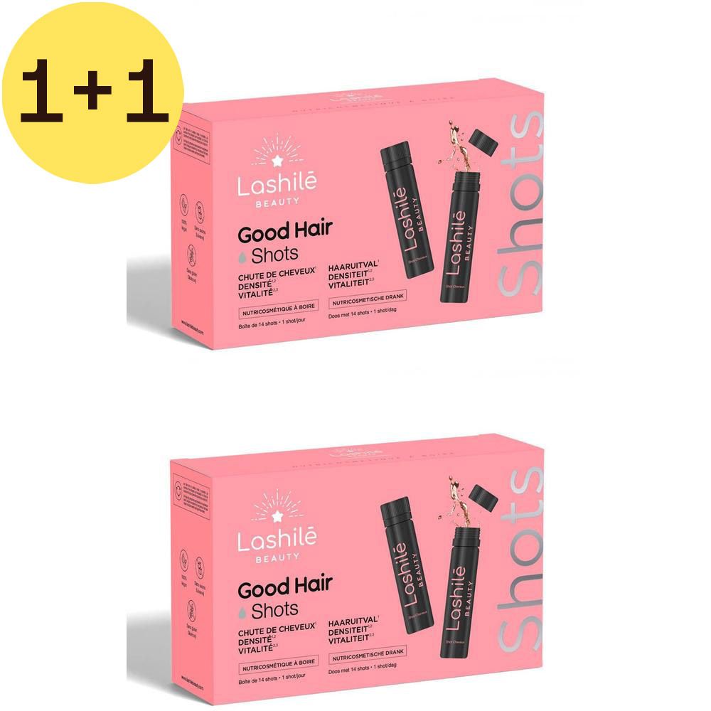 Deux boîtes roses Lashilé Beauty Good Hair Shots. Inscription : Chute de cheveux, densité, vitalité. Shots noirs.