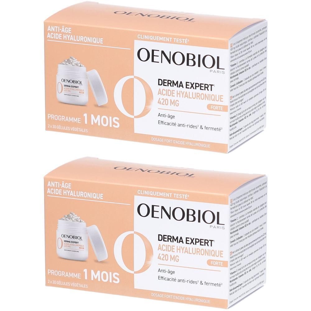 Zwei Packungen Oenobiol Derma Expert Acide Hyaluronique. Aufschrift: Anti-Age, 420 mg, Programm 1 Monat. Mit Kapsel-Abbildung.