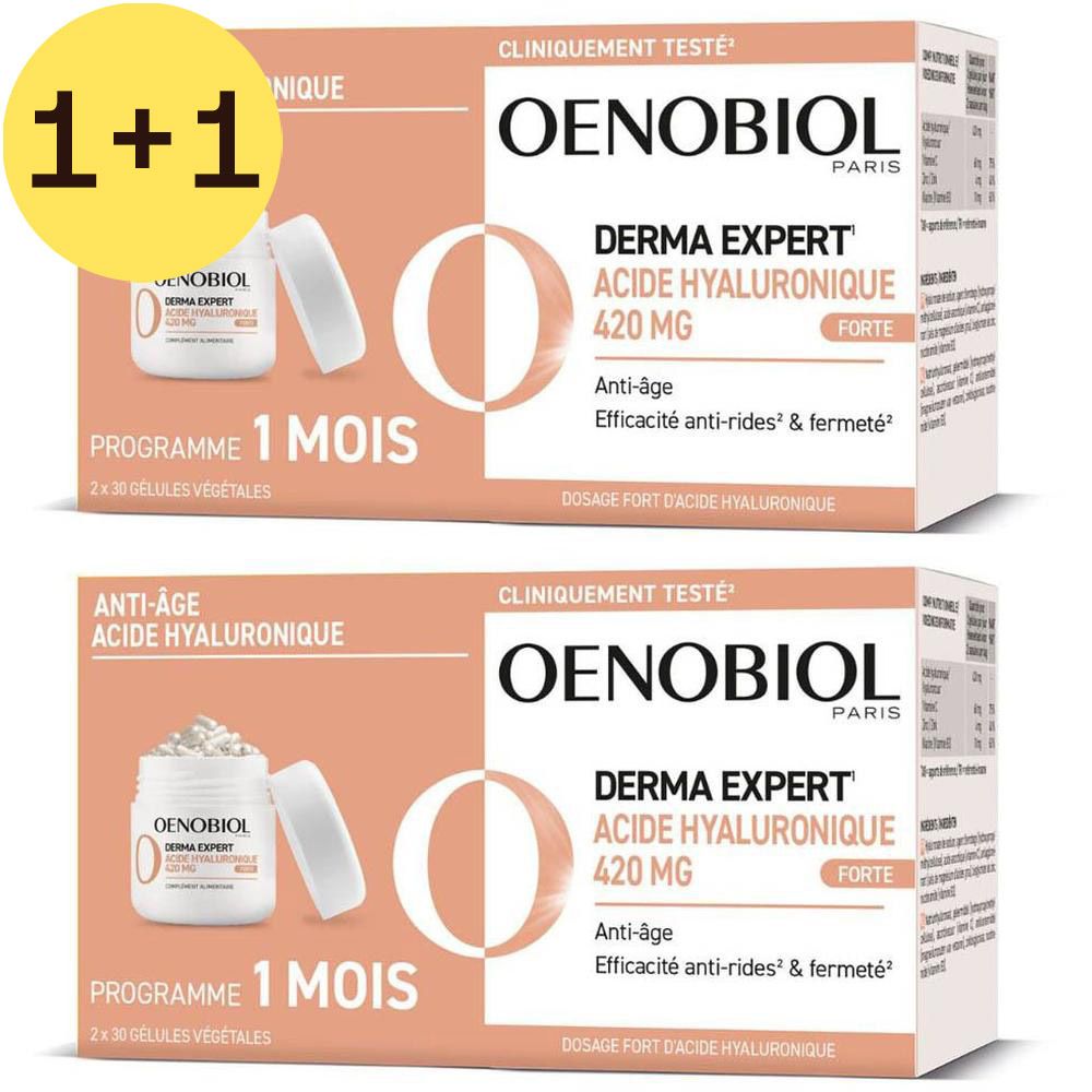 Deux boîtes Oenobiol Derma Expert Acide Hyaluronique. Inscription : Anti-âge, 420 mg, Programme 1 mois. Image de gélules.