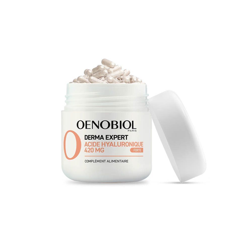 Deux boîtes Oenobiol Derma Expert Acide Hyaluronique. Inscription : Anti-âge, 420 mg, Programme 1 mois. Image de gélules.