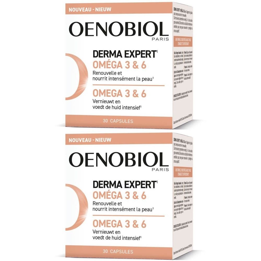 Deux boîtes rectangulaires. Inscription: Oenobiol Derma Expert Oméga 3 & 6. Texte: 30 capsules.