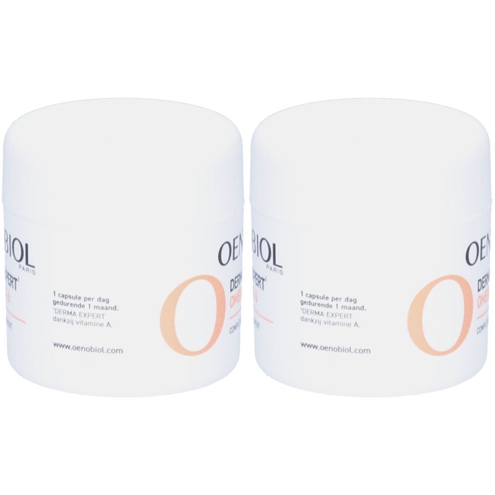 Zwei weiße, zylindrische Behälter mit Deckel. Aufschrift: Oenobiol Derma Expert. Text: 1 Kapsel pro Tag.