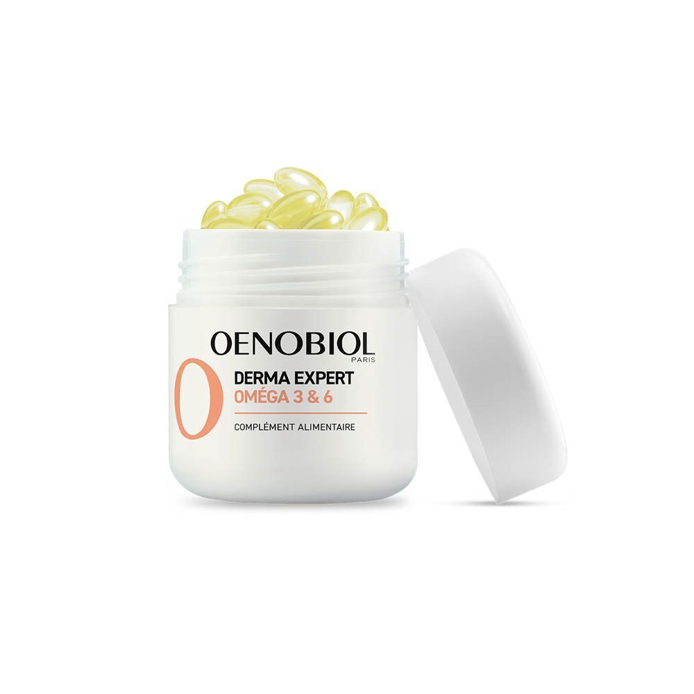 Pot blanc ouvert. Oenobiol Derma Expert Oméga 3 & 6. Capsules visibles.