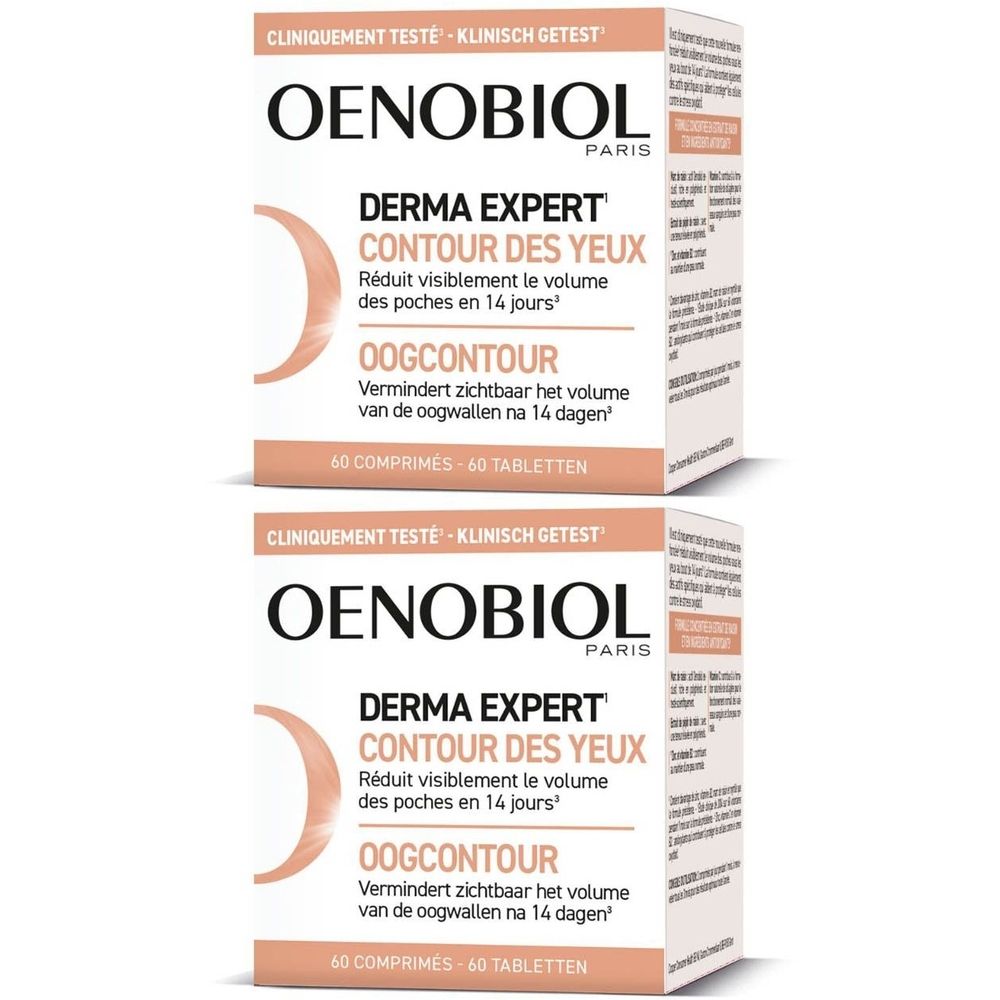 Deux boîtes Oenobiol Derma Expert Contour des Yeux. Inscription 1+1 GRATUIT. Texte: Réduit visiblement les poches en 14 jours. 60 comprimés.