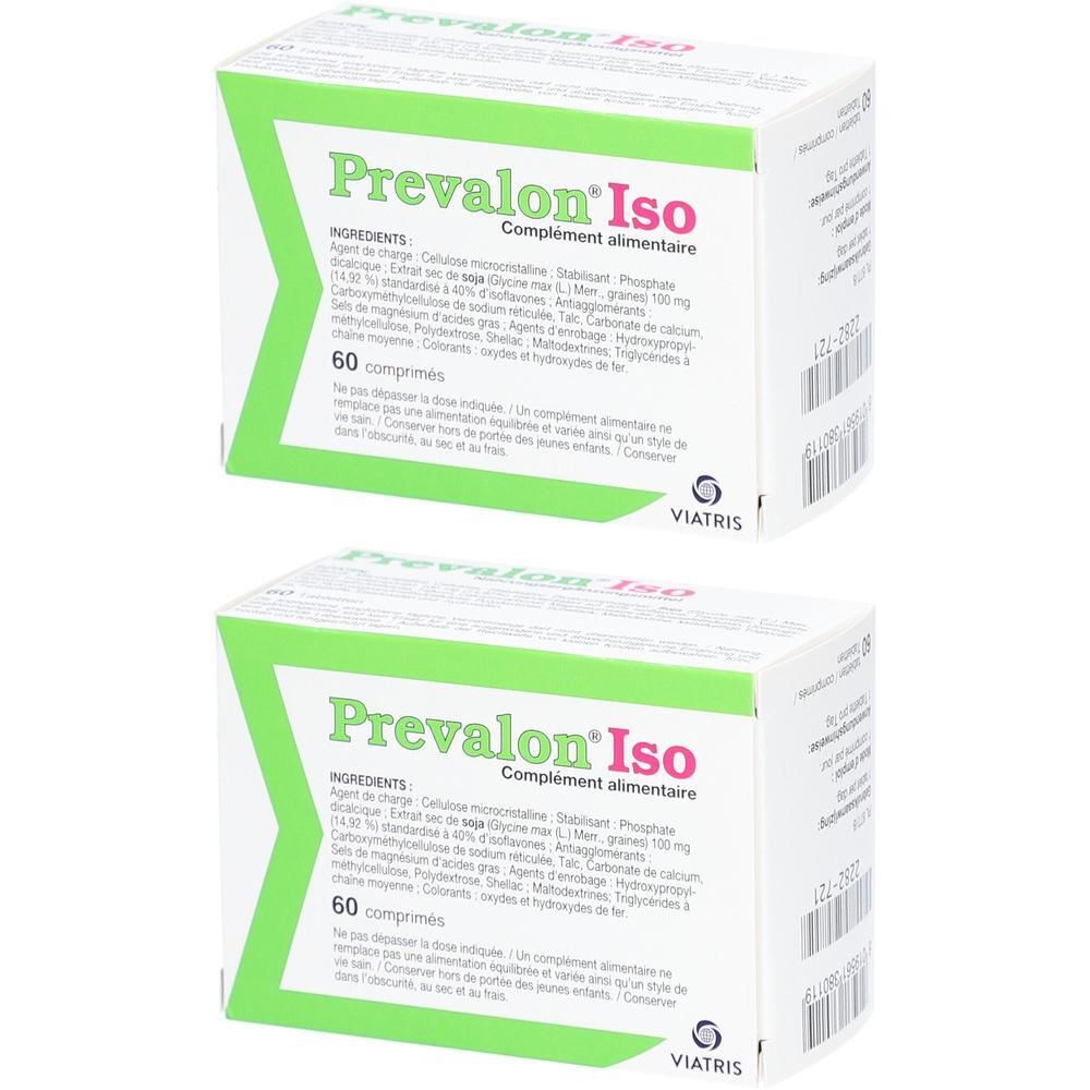 Zwei Schachteln Prevalon® Iso. Weiße Schachteln mit grünen Akzenten. Aufschrift: Prevalon® Iso, 60 Tabletten. Viatris Logo.