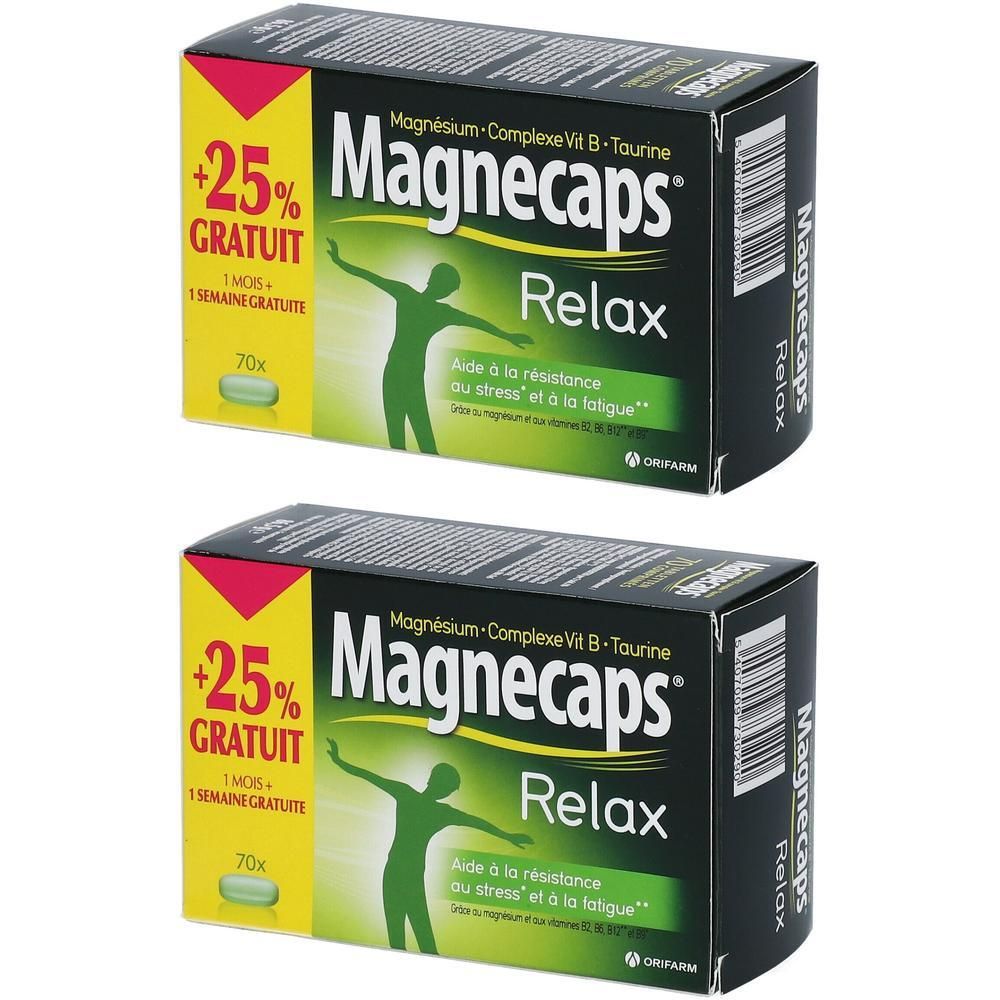 Deux boîtes de Magnecaps Relax. Emballage noir avec des accents verts et jaunes. Texte: Magnecaps Relax, +25% gratuit.