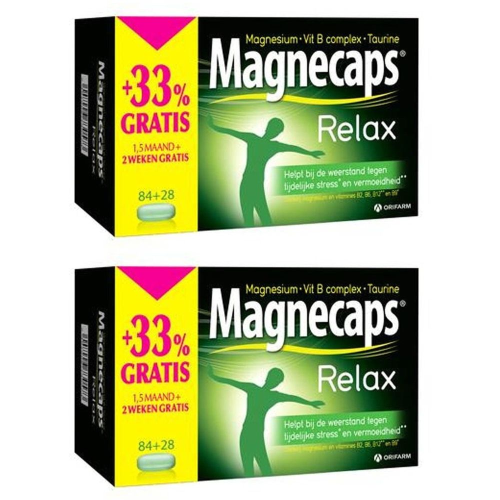Zwei Schachteln Magnecaps Relax. Aufschrift: +33% GRATIS. Enthält 84+28 Kapseln. Grün-weißes Logo mit Person.