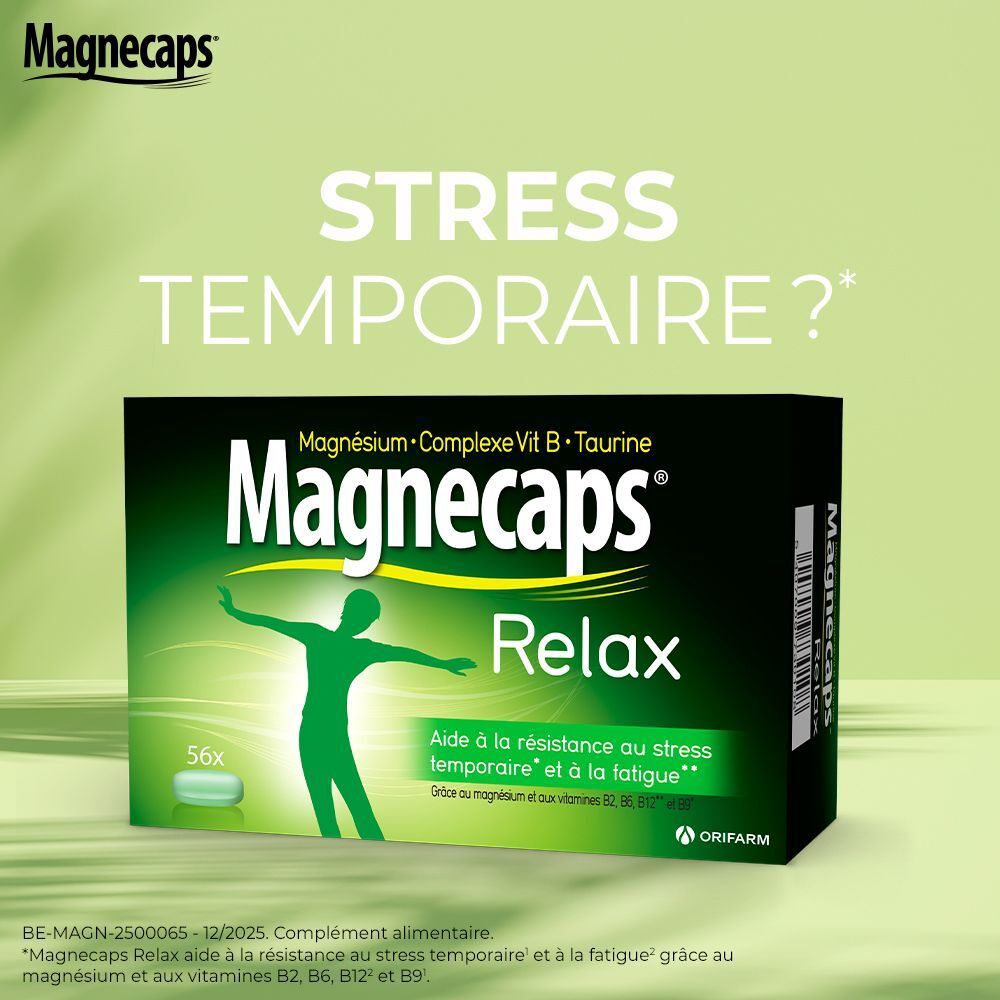 Deux boîtes de Magnecaps Relax. Boîtes noires avec des accents verts et l'inscription "+33% GRATUIT".