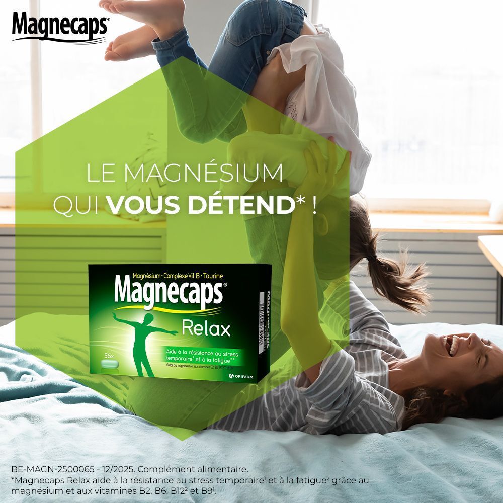 Boîte noire Magnecaps Relax. Fond vert avec texte. Contient magnésium, vitamines B et taurine.