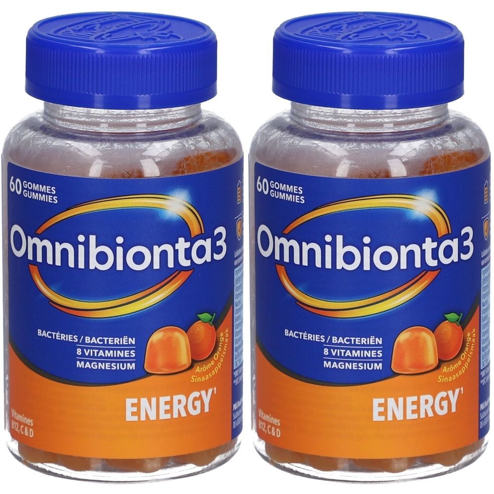 Zwei Flaschen Omnibionta3 Gummies Energy. Klare Flaschen mit blauen Deckeln. Aufschrift: 60 Gummies, 8 Vitamine, Magnesium.