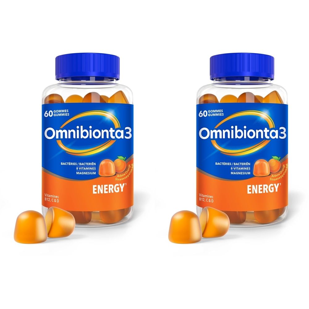 Deux flacons de gummies Omnibionta3 Energy. Offre 1+1. Flacons transparents avec bouchons bleus. Inscription: 60 gommes, 8 vitamines, magnésium.