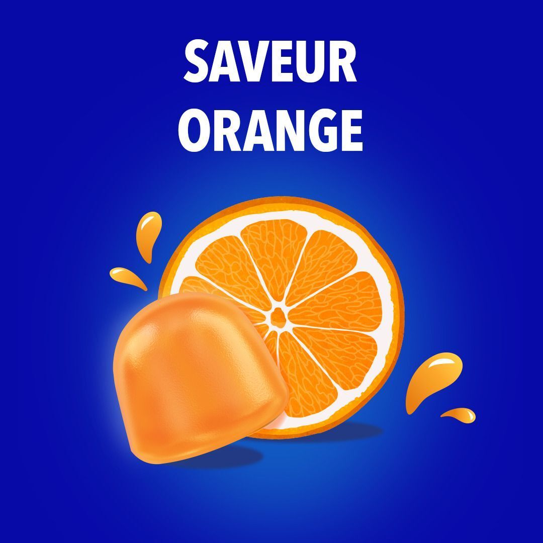Femme souriante en haut orange. Texte : Énergie qui vient de l'intérieur. Fond bleu.