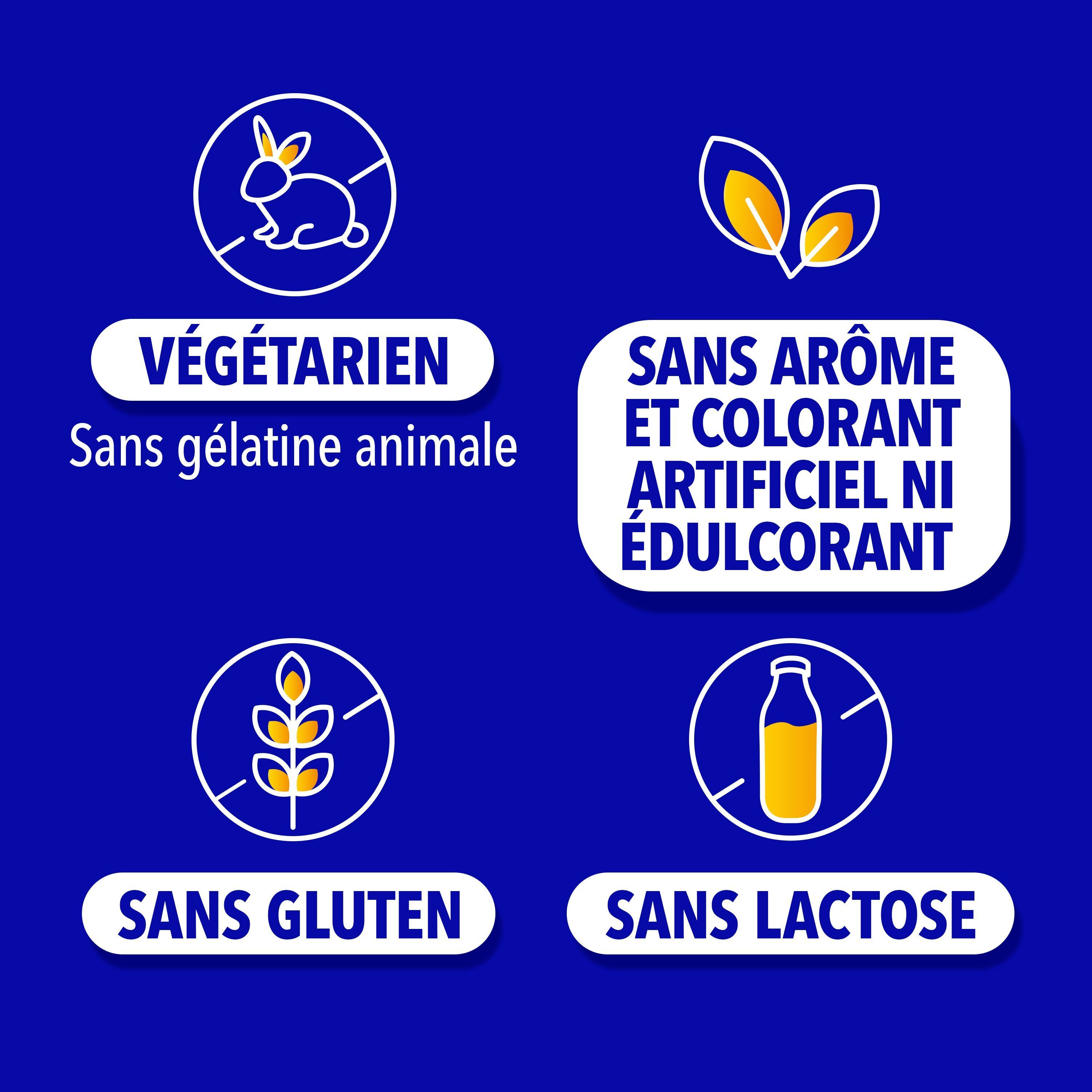 Tableau nutritionnel avec ingrédients par gomme. Fond bleu.