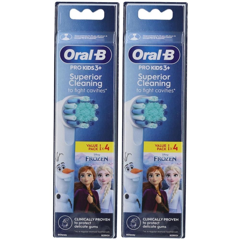 Deux têtes de brosse à dents Oral-B Pro Kids 3+. Emballage avec motif La Reine des Neiges. Contient quatre têtes. Cliniquement prouvé.