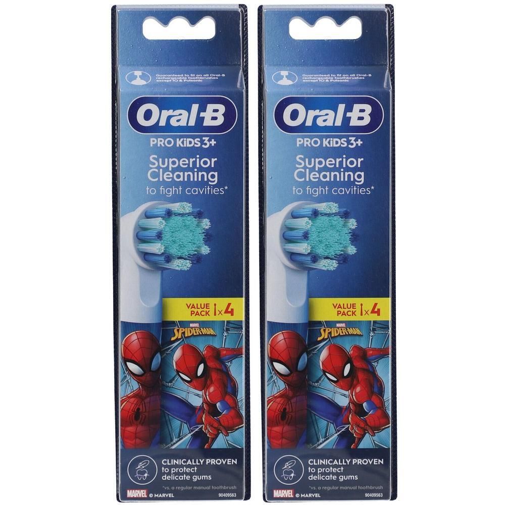 Zwei Zahnbürsten-Ersatzpackungen. Oral-B Pro Kids 3+ mit Spiderman-Motiv. Verpackung mit Bürstenköpfen.