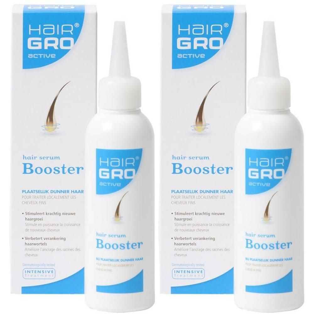 Zwei Flaschen und Verpackungen von HairGro® Active Hair Booster Serum. Weiße Flaschen mit blauen Etiketten und Kartons.
