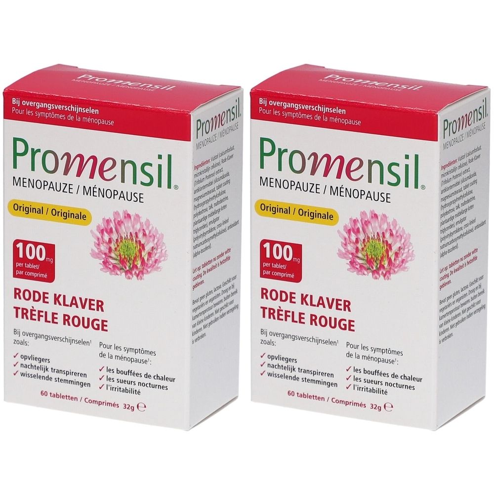 Zwei Schachteln Promensil Menopause. Rote Schrift und Kleeblume. Enthält 100 Tabletten. Original. Gegen Wechseljahrsbeschwerden.