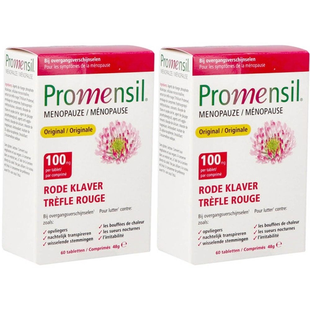 Deux boîtes de Promensil Ménopause. Écriture rouge et trèfle. Contient 100 comprimés. Original. Avec autocollant 1+1.