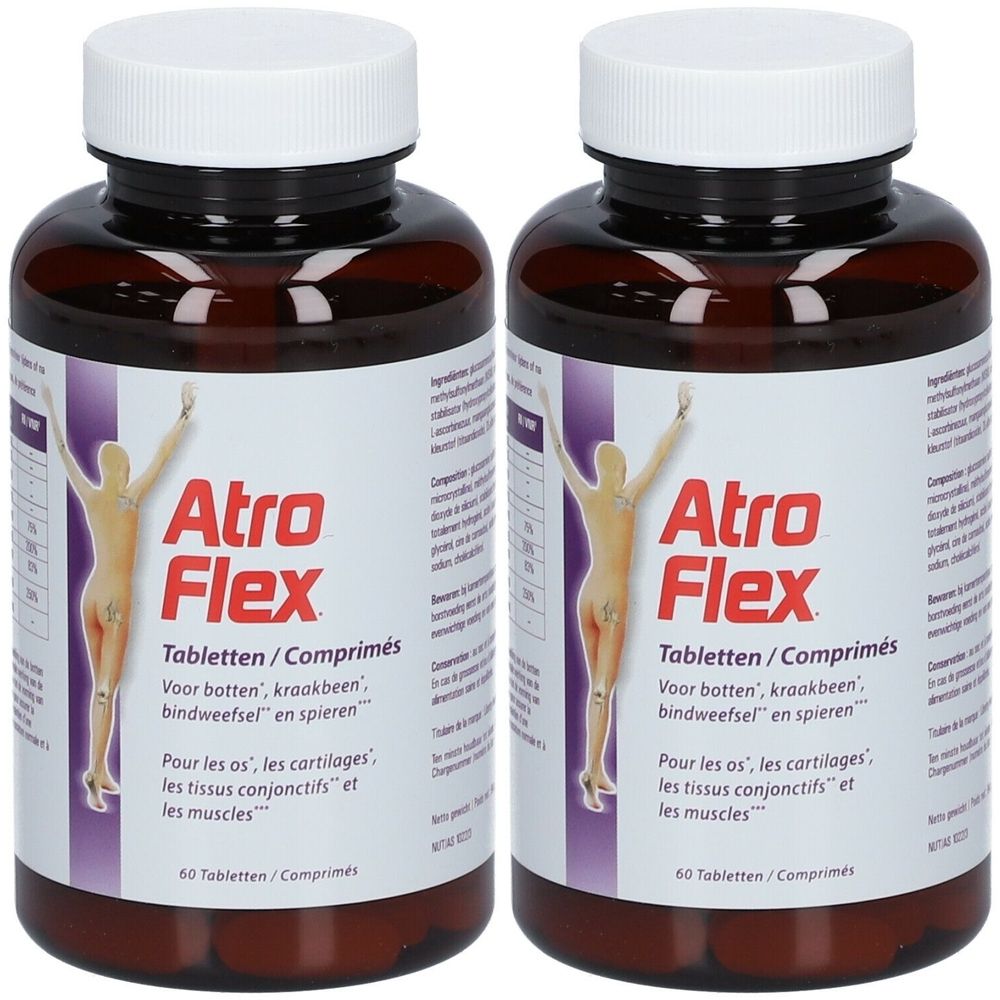 Deux flacons bruns avec des couvercles blancs. L'étiquette indique "Atro Flex". Texte en allemand et en français. 60 comprimés.