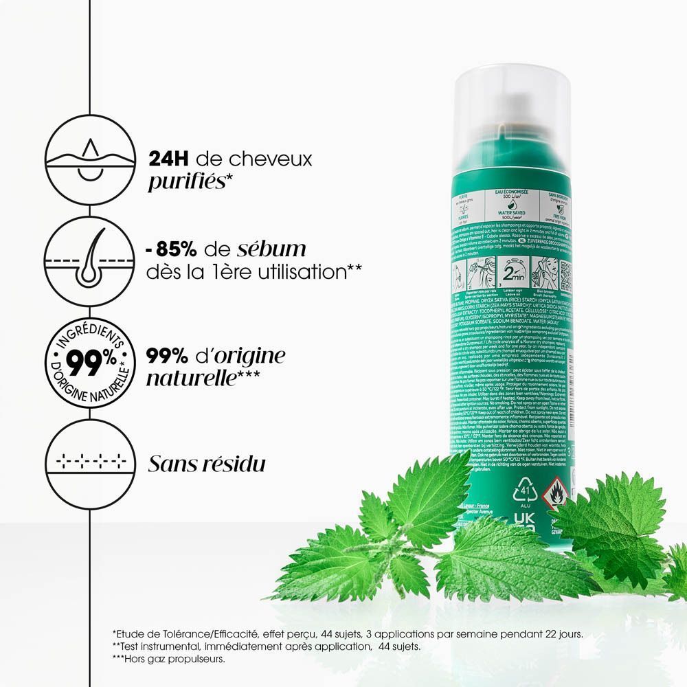 Graphique avec informations sur le produit. 24H, -85% sébum, 99% ingrédients naturels, sans résidus.