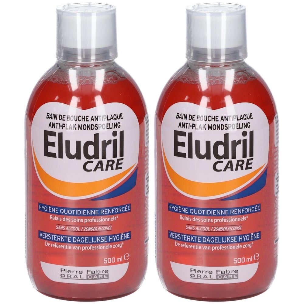 Zwei Flaschen Mundspülung mit roter Flüssigkeit. Aufschrift: Eludril Care. Etikett mit Text in Französisch und Niederländisch. 500 ml.