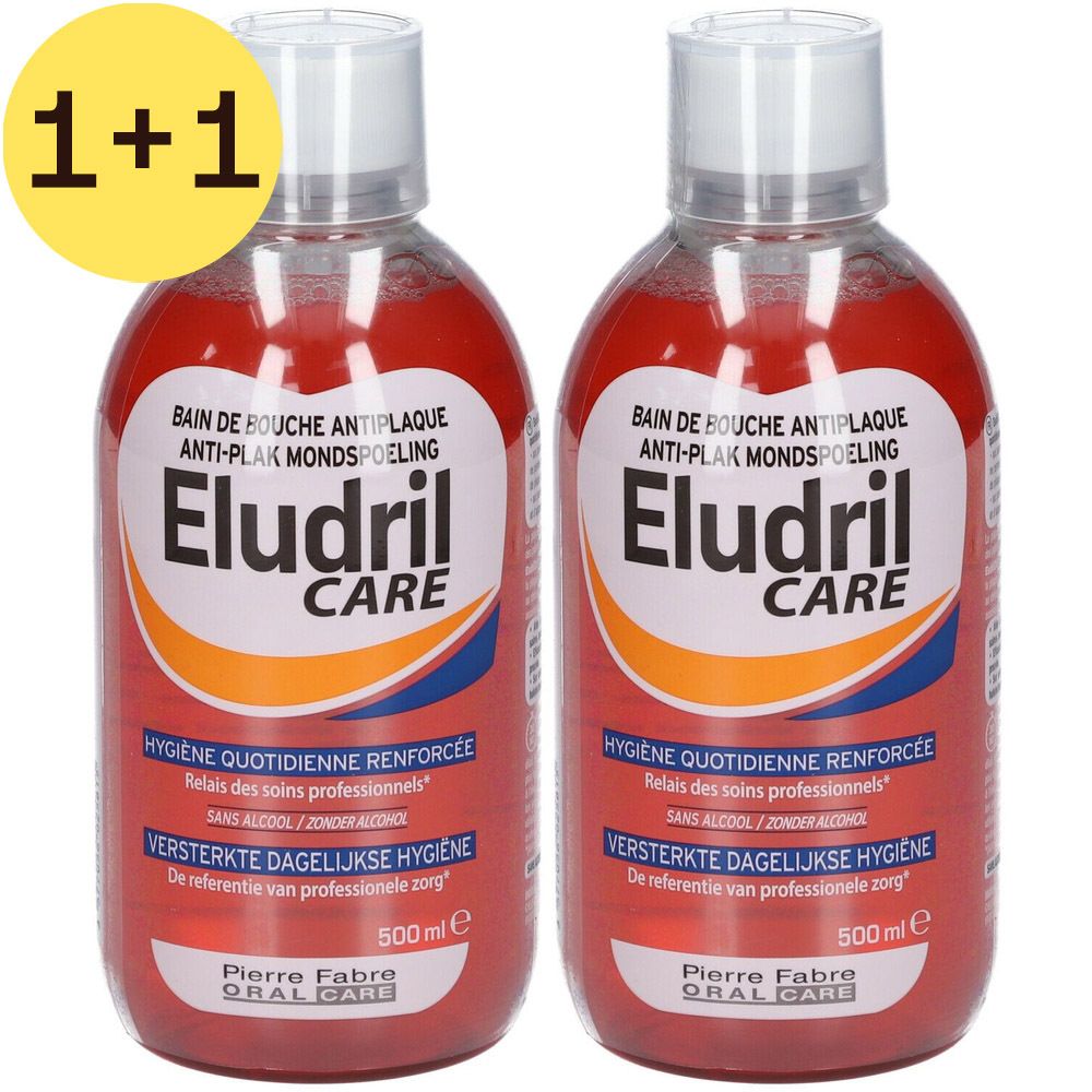 Deux flacons de bain de bouche Eludril Care. Liquide rouge, bouchon blanc. Inscription : Anti-plaque, hygiène quotidienne. Offre 1+1 gratuite.