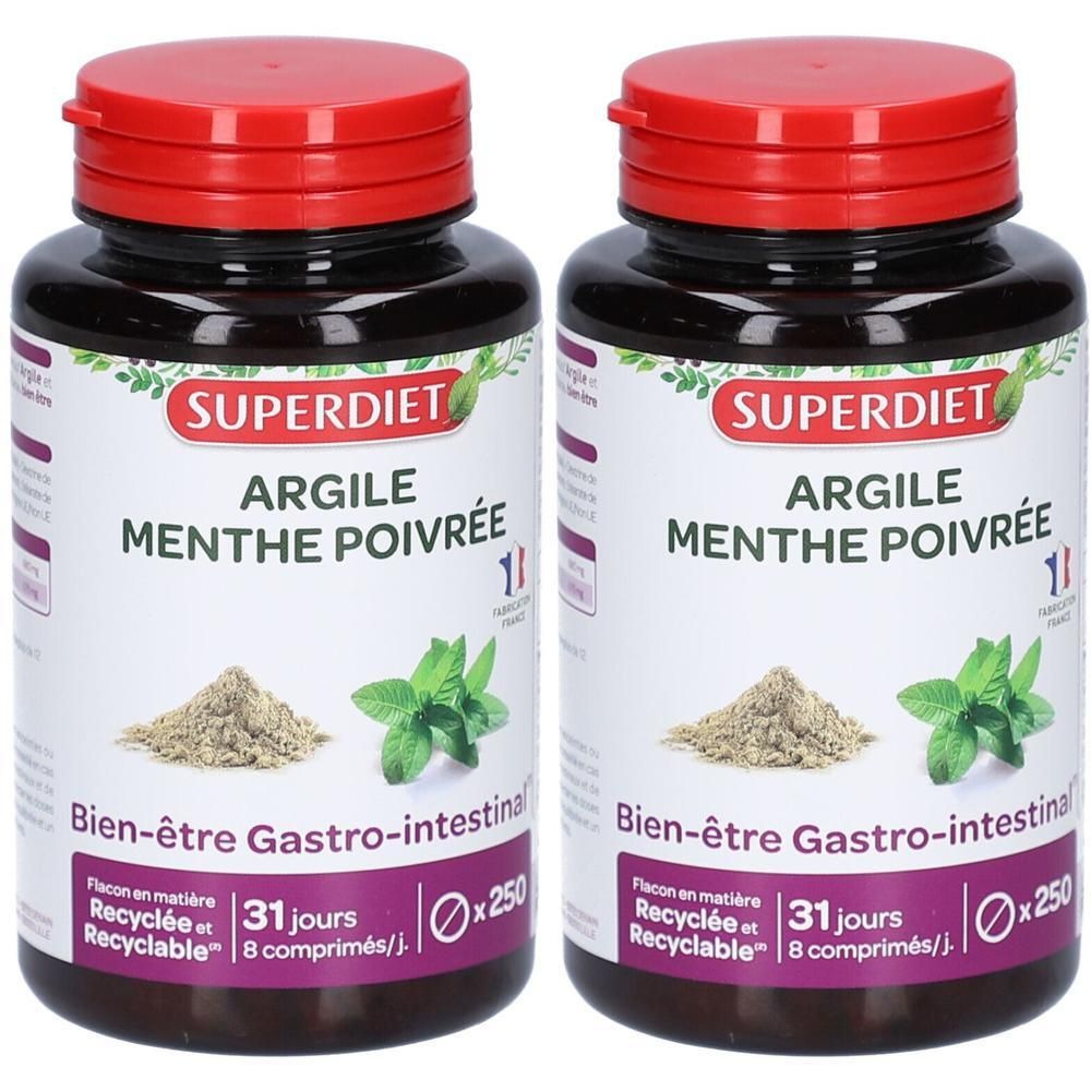 Zwei Flaschen SUPER DIET. Roter Deckel, schwarzer Behälter, Etikett mit Produktinformationen und Abbildungen.