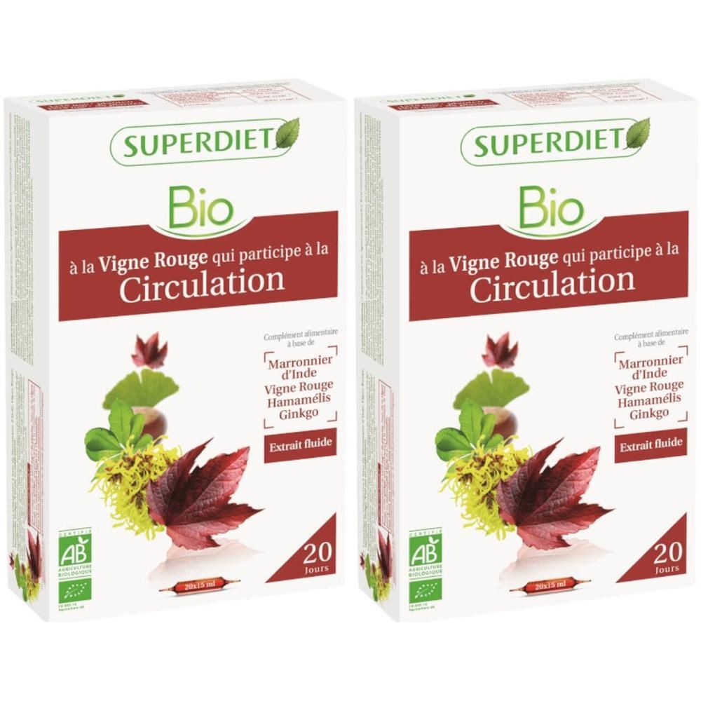 Deux boîtes blanches avec informations et logo. Inscription: SUPERDIET Bio, à la Vigne Rouge qui participe à la Circulation. Label AB.
