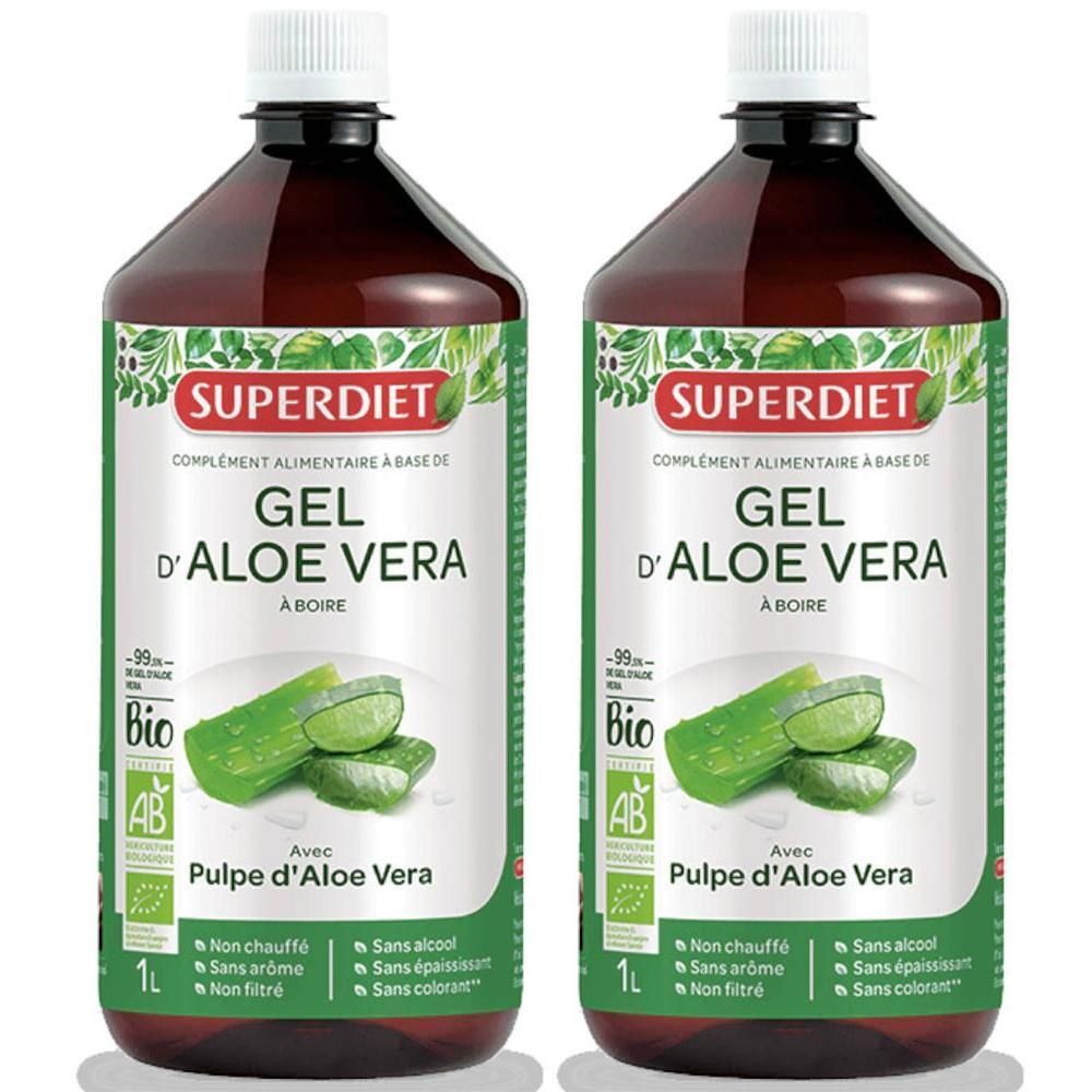 Zwei Flaschen SUPER DIET Gel d'Aloe Vera BIO. Braune Flaschen mit weißem Deckel. Grün-weißes Etikett mit Produktbezeichnung und Logo.
