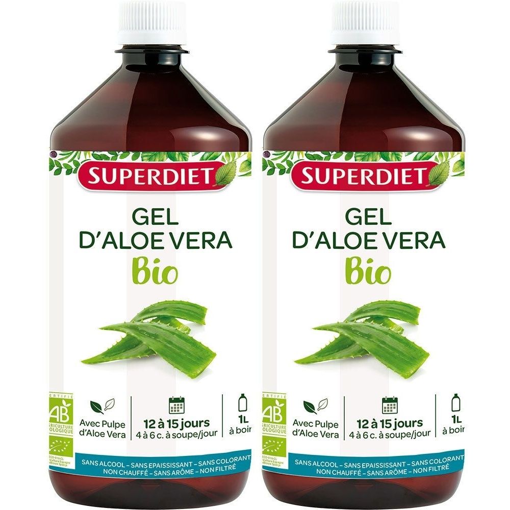 Deux bouteilles de Gel d'Aloe Vera BIO SUPERDIET. Bouteilles marron avec bouchon blanc. Étiquette verte et blanche avec logo.