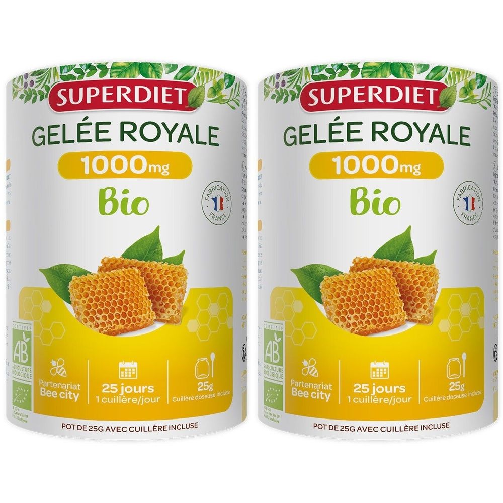 Deux boîtes de SUPERDIET Gelée Royale BIO. Emballage cylindrique avec illustrations de rayons de miel. Texte: Gelée Royale, 1000mg, Bio.