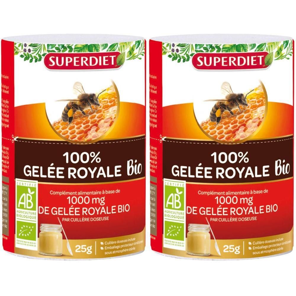 Deux boîtes de SUPERDIET Gelée Royale BIO. Emballage rouge avec illustrations d'abeilles et de rayons de miel. Texte: 100% Gelée Royale Bio, 1000 mg.