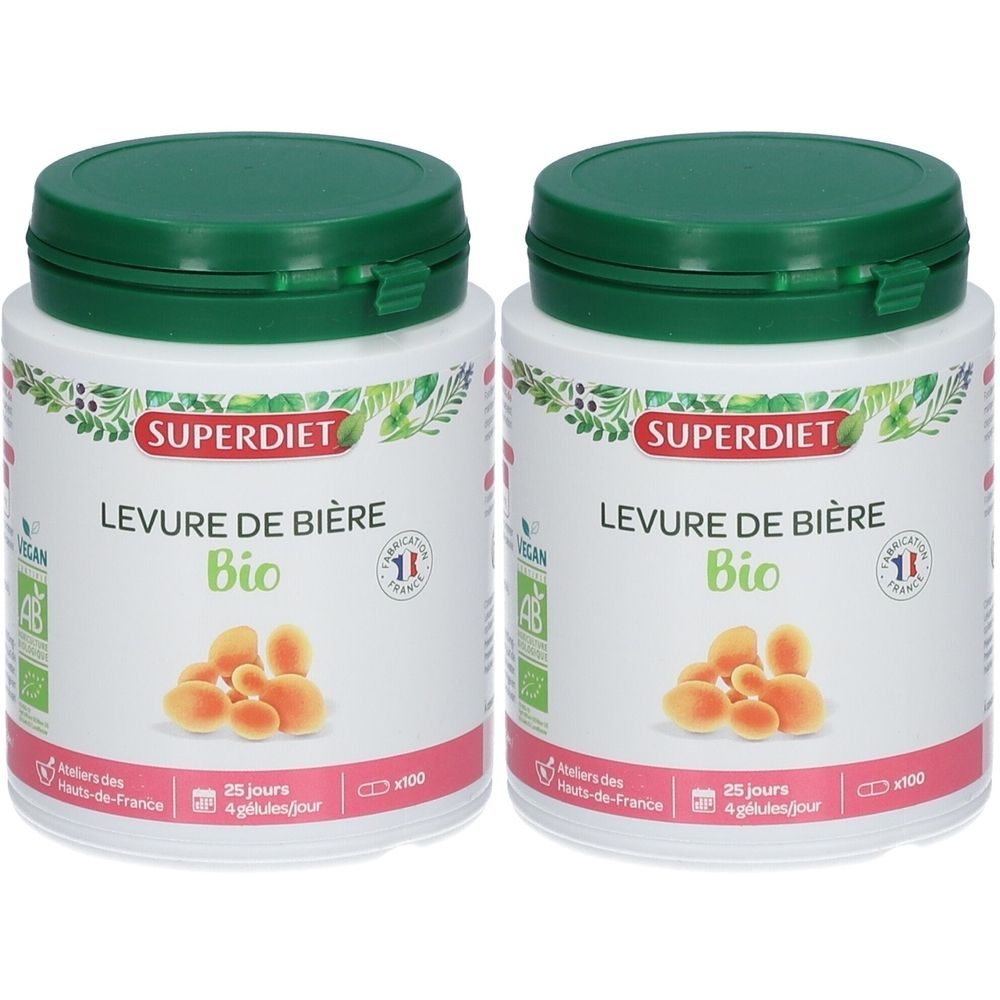 Deux pots blancs avec couvercles verts. Inscription: Superdiet Levure de Bière Bio. Label Vegan et logo de qualité français.