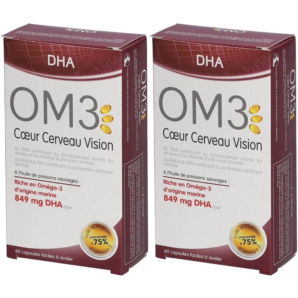 Zwei Schachteln OM3-Nahrungsergänzungsmittel. Aufschrift: DHA, OM3, Cœur Cerveau Vision. Enthält 60 Kapseln. Mit Omega-3 und 849 mg DHA.