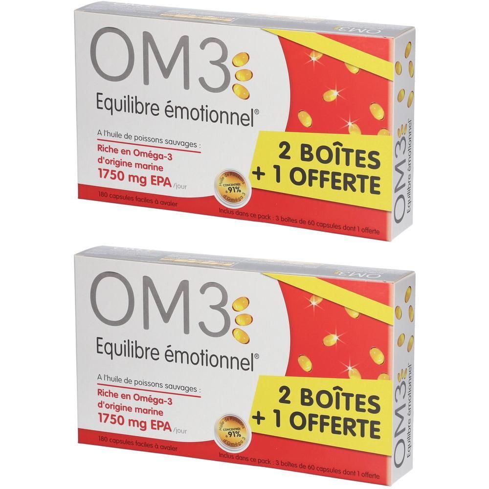 Zwei weiße Kartons mit OM3-Logo und Text. Aufschrift: 2 BOITES + 1 OFFERTE. Enthält Kapseln. Aufschrift: Equilibre émotionnel.