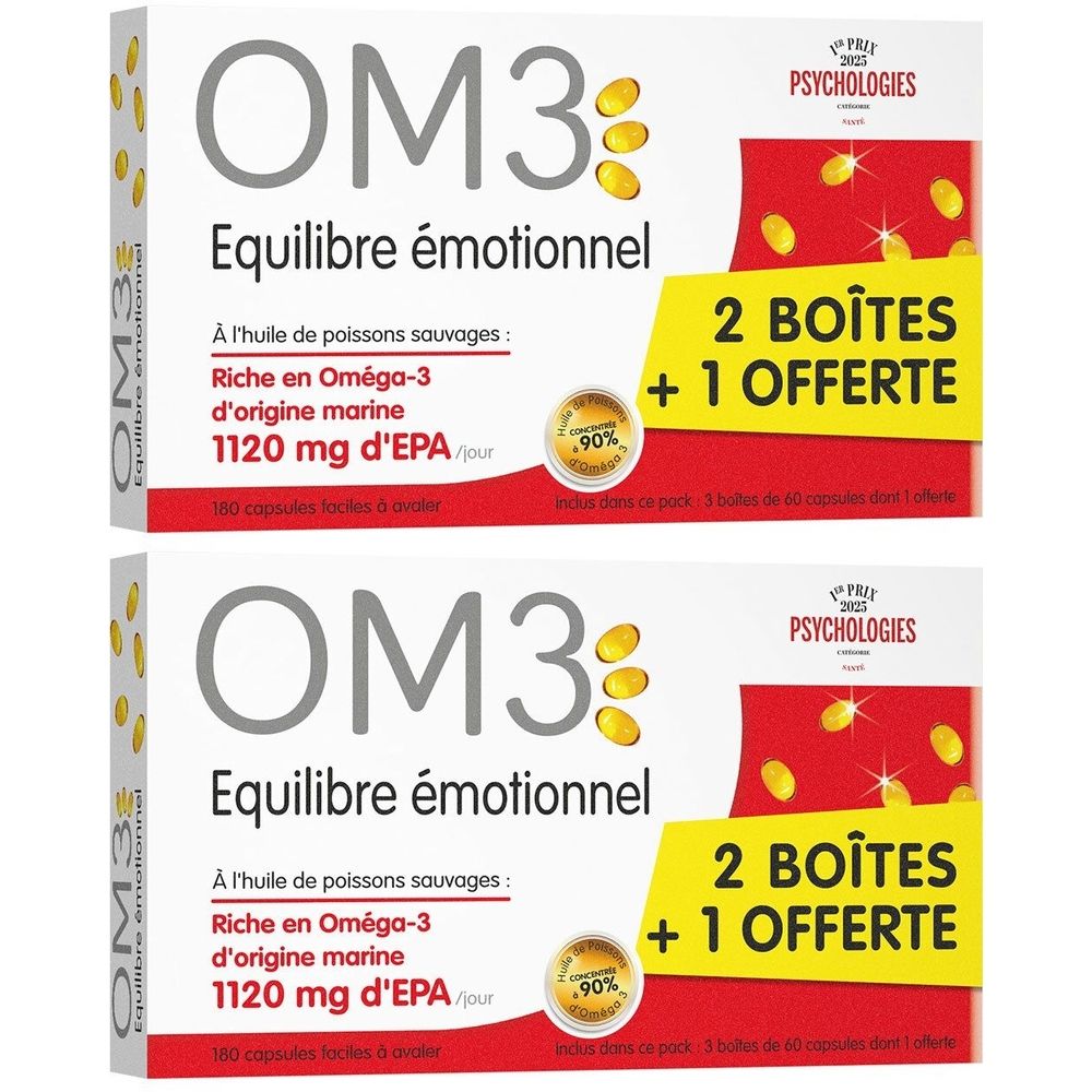 Deux boîtes blanches OM3. Texte: 2 BOITES + 1 OFFERTE. Inscription: Equilibre émotionnel. Contient des capsules. Huile de poissons sauvages.