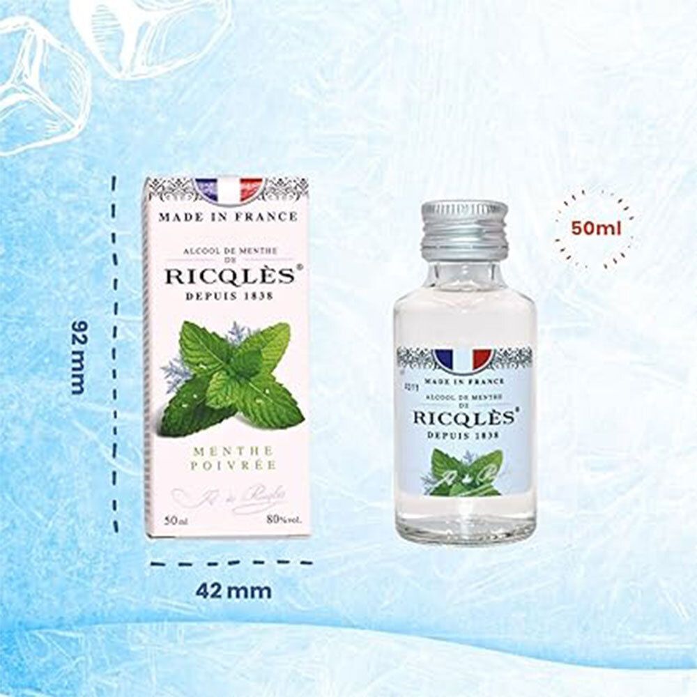 Produit avec flacon et boîte. Dimensions : 92 mm de haut, 42 mm de large. Inscription : Ricqlès, Alcool de Menthe, 50ml.