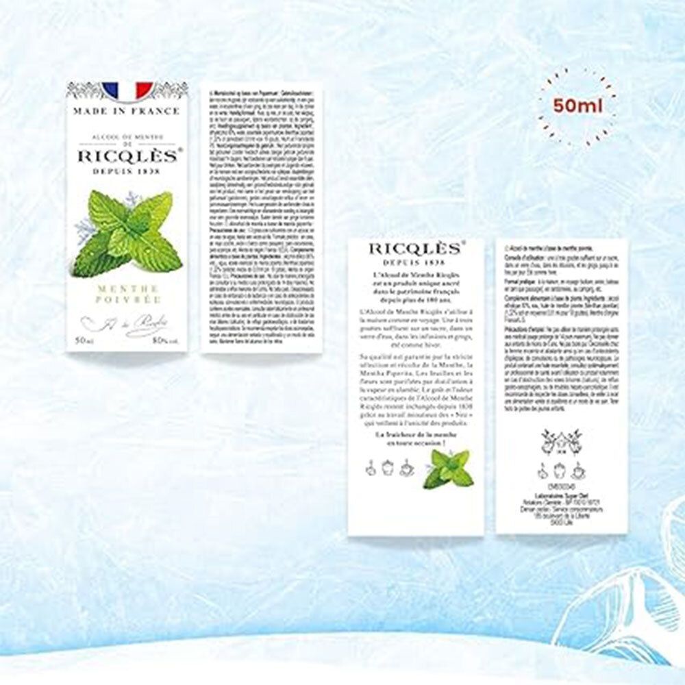 Deux emballages de produits avec texte. Inscription : Ricqlès, Alcool de Menthe, Depuis 1838. Informations sur le produit.