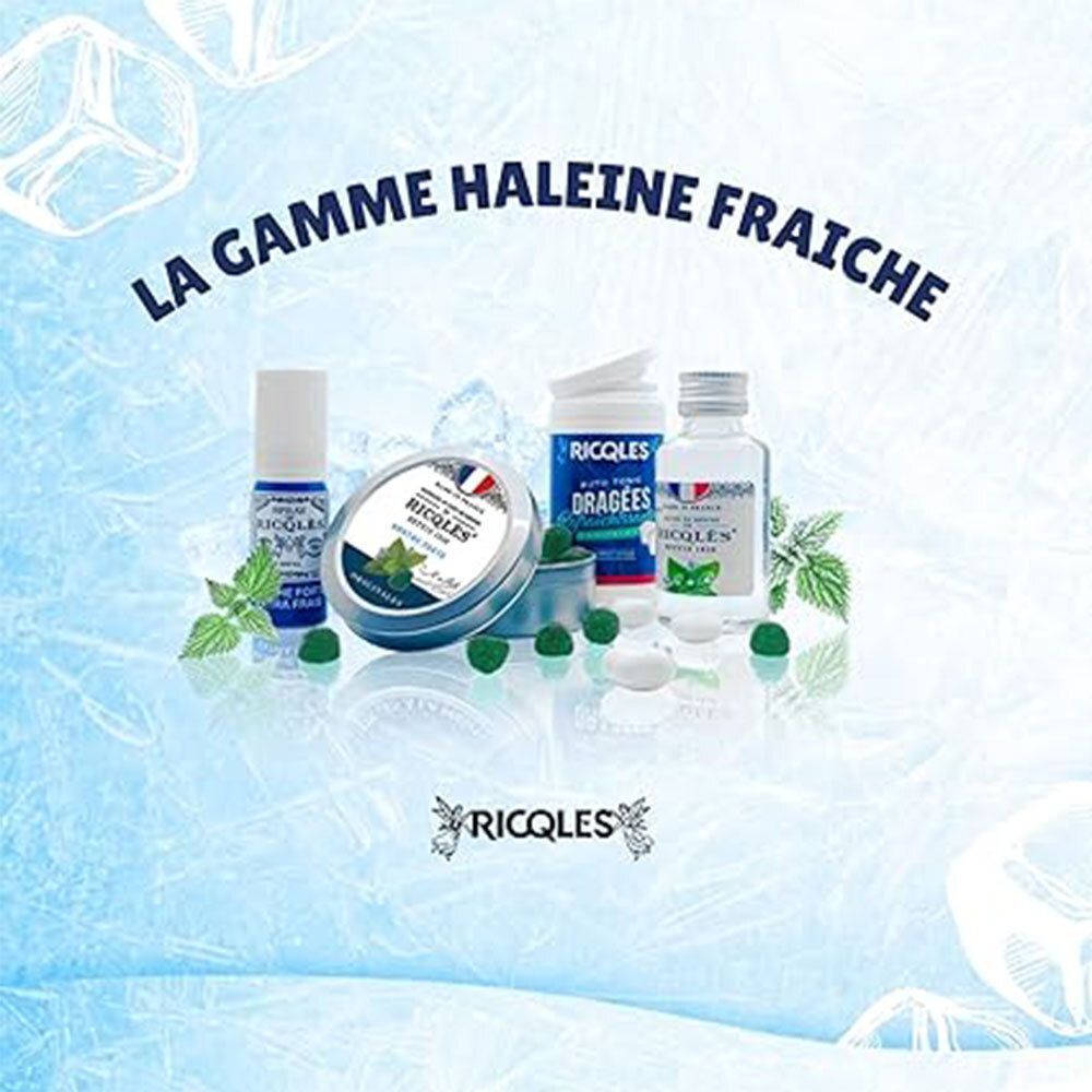 Verschiedene Produkte. Aufschrift: La gamme haleine fraîche. Produkte in Flaschen, Dose und Dragees.