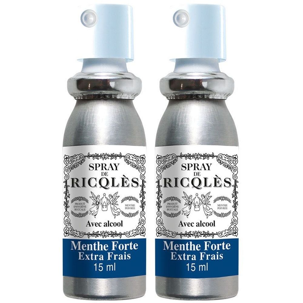 Deux sprays avec têtes de pulvérisation blanches. Inscription: Spray de Ricqlès Menthe Forte Extra Frais, 15 ml.