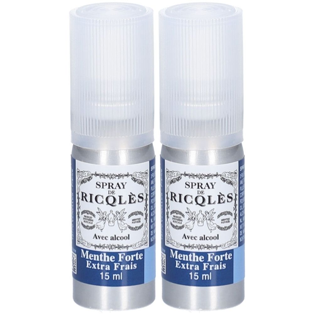 Deux sprays avec bouchons blancs. Inscription: Spray de Ricqlès Menthe Forte Extra Frais, 15 ml.
