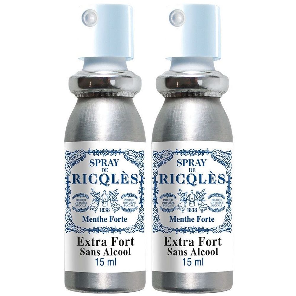 Deux flacons spray argentés avec étiquette bleue. Inscription: Spray de Ricqlès, Menthe Forte, Extra Fort, Sans Alcool, 15 ml.