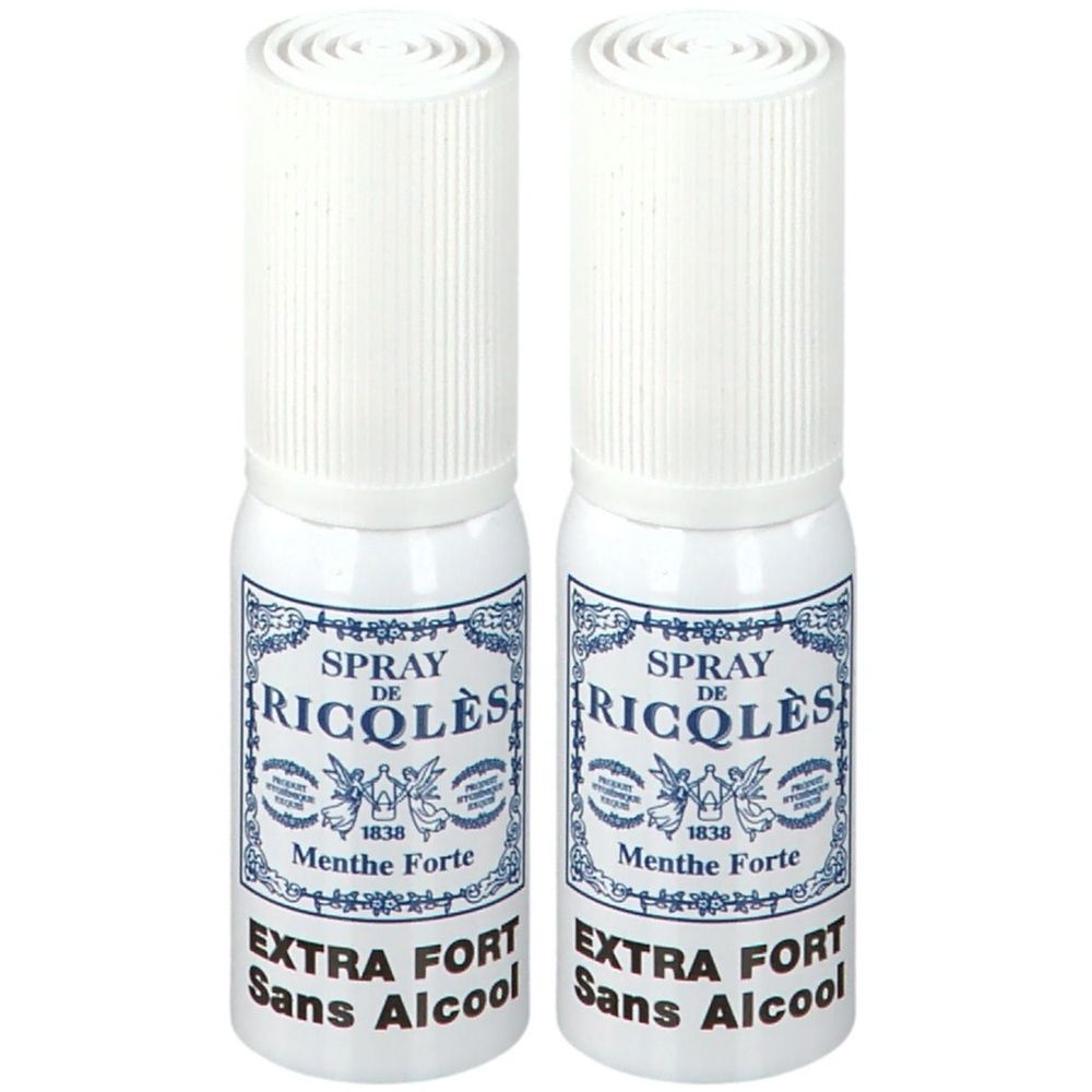 Deux flacons spray blancs avec étiquette bleue. Inscription: Spray de Ricqlès, Menthe Forte, Extra Fort, Sans Alcool.
