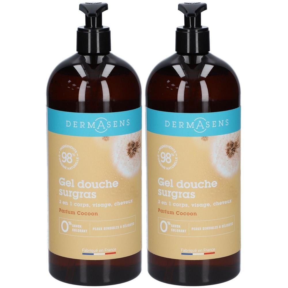 Zwei braune Pumpflaschen mit Dermasens Gel Douche Surgas Parfum Cocoon Etiketten.