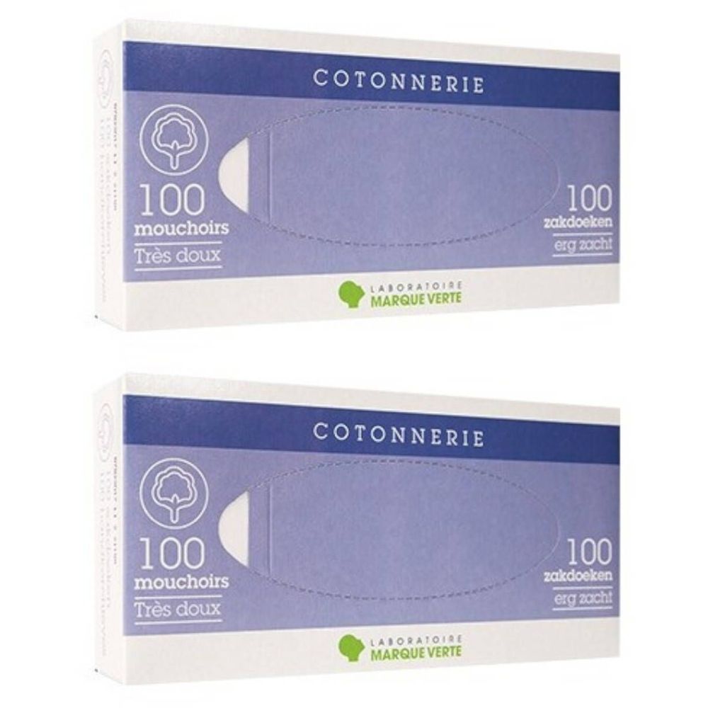 Deux boîtes de mouchoirs. Inscription : 100 mouchoirs, très doux. Marque : MARQUE VERTE.