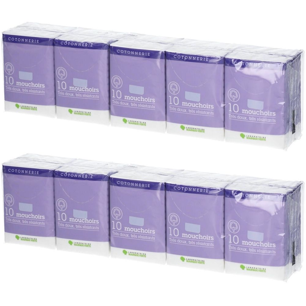 Plusieurs paquets de mouchoirs, emballage violet avec base blanche. Chaque paquet contient 10 mouchoirs.