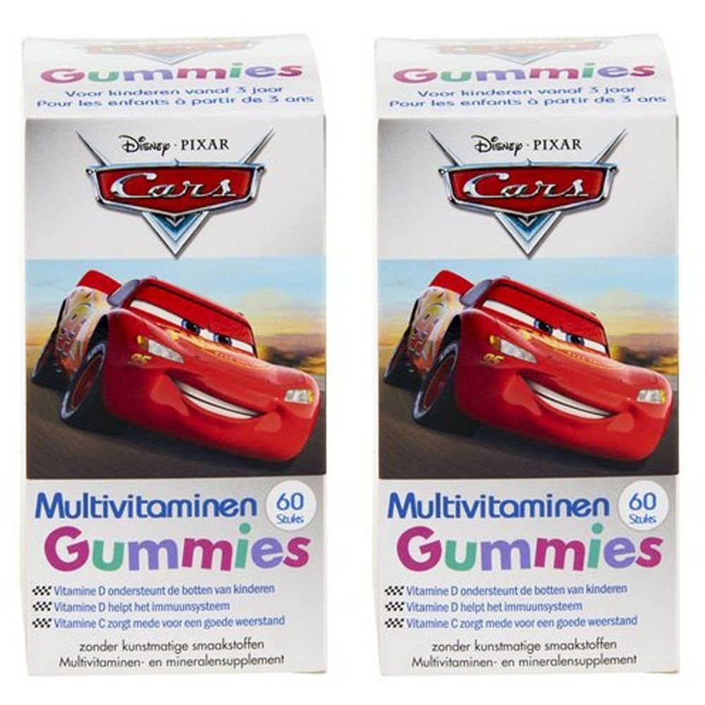 Deux boîtes de bonbons gélifiés multivitamines Disney Cars. Emballage blanc avec motif Cars et texte. Contient 60 pièces.