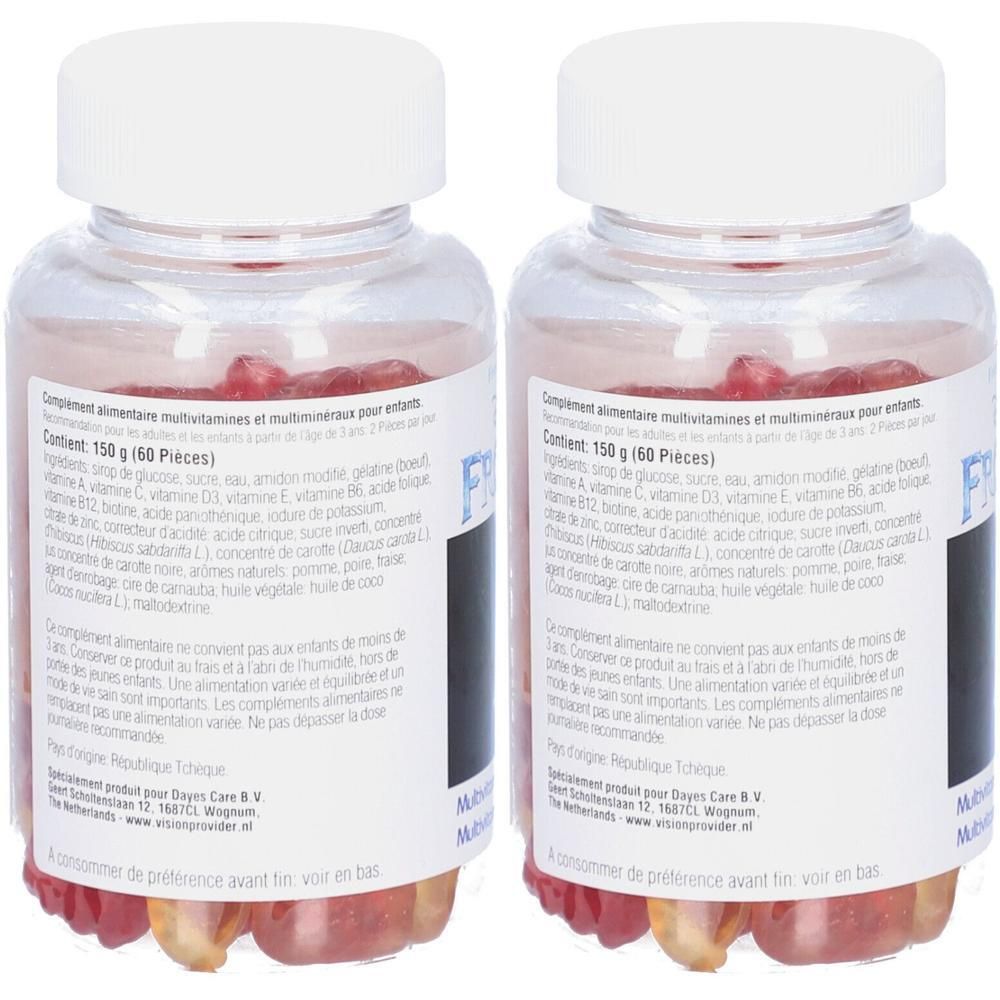 Zwei transparente Flaschen mit roten Gummibärchen. Aufkleber mit Text in mehreren Sprachen. Weiße Deckel.