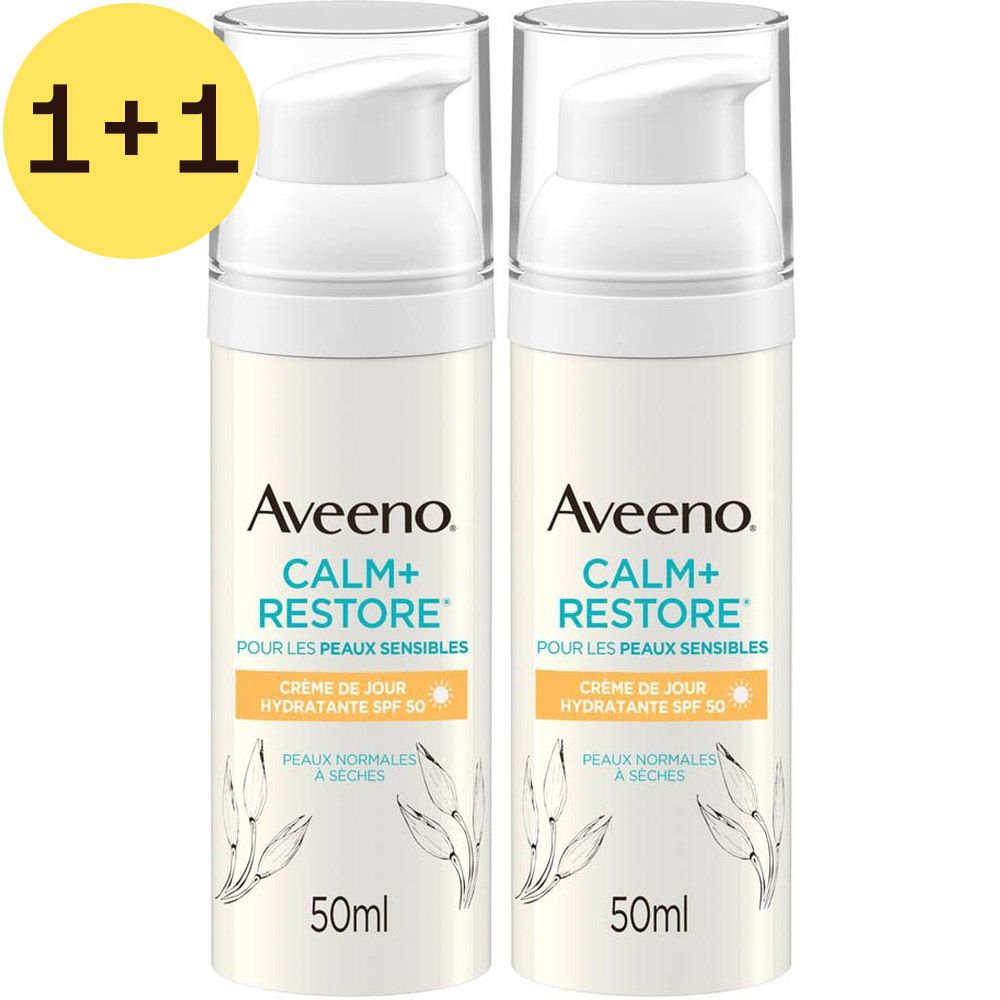 Deux flacons Aveeno Calm+Restore crème hydratante SPF 50, pour peaux normales à sèches, offre 1+1.