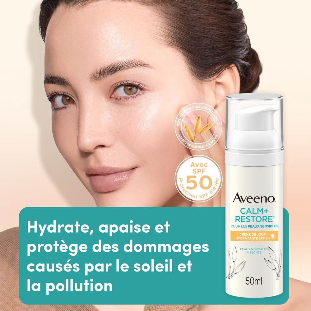 Hydrate, apaise et protège des dommages causés par le soleil et la pollution. Aveeno Calm+Restore Crème jour SPF 50.